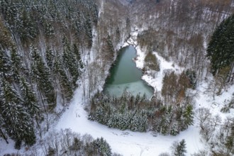Snow-covered forest and Lake Constance near Winterberg seen from the air, Sauerland, North