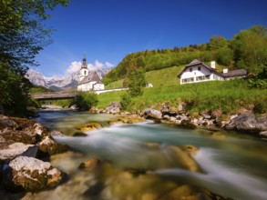 Parish church of St Sebastian on the Ramsauer Ache, behind Reiteralpe, Ramsau, Berchtesgadener