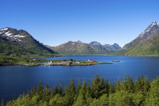 Landscape on the Lofoten Islands with sea and mountains. The Sildpollnes peninsula in the
