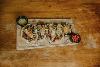 Top view of delicious tacos al pastor with avocado and tomato sauce on wooden table