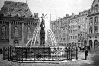He Justitiabrunnen in Frankfurt am Main, Germany, in 1871 / The Justitia Fountain in Frankfurt am