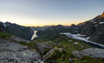 View of Engen Fjord Trollfjord at sunrise, at Trollfjord Hytta, mountain landscape with alpenglow