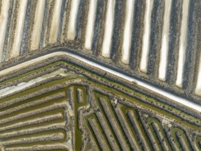 Saline ponds at the salt works near Chiclana de la Frontera. Aerial view. Drone shot. Cádiz