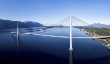 Panorama aerial view of Helgeland bridge, connecting Sandnessjøen with the norwegian mainland,