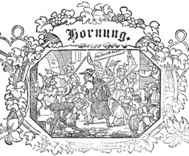 Month of Hornung or February, festival with parade and disguise, drummers, children, men, woman,