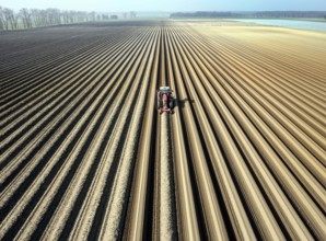 An aerial photo shows a tractor in a large asparagus field. Preparations for the asparagus season.