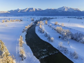 Aerial view of a river in front of mountains, evening light, snow, winter, Loisach, Alpine