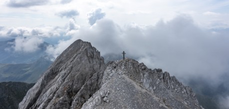 Aerial view, summit of the Großer Kinigat with summit cross, Carnic Main Ridge, Carnic High Trail,