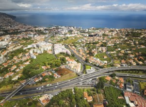 Aerial drone view of Funchal town, Madeira island, Portugal, Europe