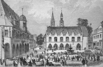 The town hall and market square of Goslar, Lower Saxony, Germany, in 1880, Historical, digital