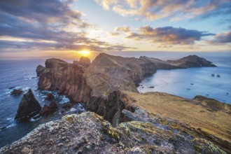 Madeira Island scenic rugged landscape, Ponta do Sao Lourenco cape on sunrise, Abismo viewpoint.
