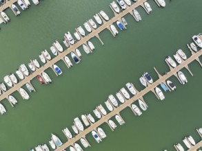 Marina wharves at the river mouth of the Piedras River. Aerial view. Drone shot. Huelva province,