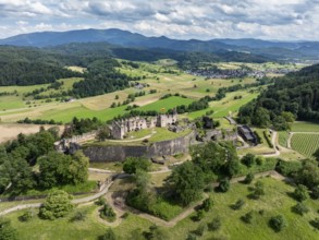 Aerial view of the ruins of Hochburg Castle, also known as Hachberg, 11th century, between