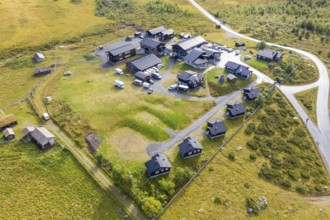 Aerial view of tourist hotel Raubergstulen, Jotunheimen National park, Norway, Europe