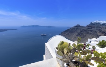 Greece Islands, scenic panoramic sea views of Santorini island from top outlook of Fira village