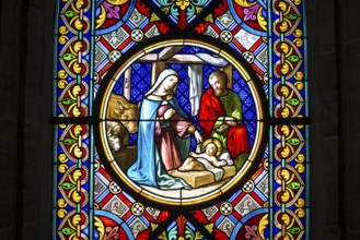 Church window, cot with Jesus and Mary and Joseph, Basel Minster, Basel, Canton of Basel-Stadt,