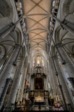 Gothic St. Nicholas Church, Vaulted ceiling and columns of the central nave, Ghent, Flanders,