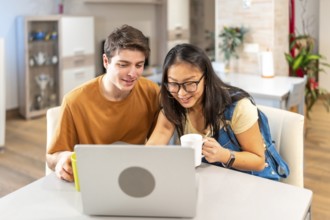 Multiethnic couple using laptop and drinking coffee at home, enjoying a relaxing moment together