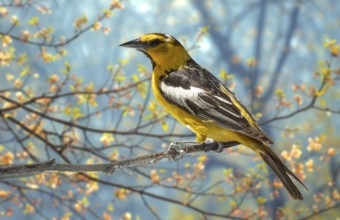 Bullock's oriole bird close-up perched on a branch in the meadow