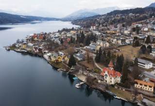 Drone shot, view of the town, Millstatt, Lake Millstatt, Carinthia, Austria, Europe