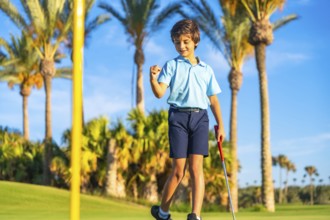 Child celebrating with fist that he makes a put in a green golf course