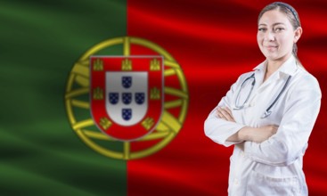 Female doctor on Portugal flag. Doctor with crossed arms on Portugal flag. Portugal health and care
