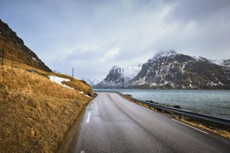 Road in Norwegian fjord. Lofoten islands, Norway, Europe