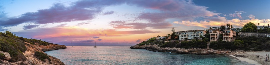 Sunset over Cala Mendia, Porto Cristo, Majorca, Spain, Europe