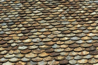 Traditional slate roof (lauze stone) in Auvergne volcanoes regional natural park, Puy de Dome
