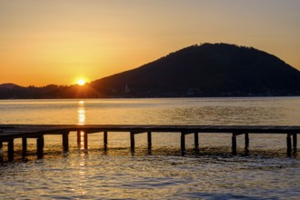 Sunset, jetty at the lido Weyregg am Attersee, Salzkammergut, Upper Austria, Austria, Europe