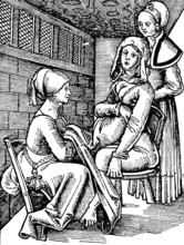 Woman giving birth to her child, Gebärende Frau, German woodcut, 18th century, Historic, digitally