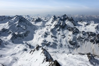 Aerial view, mountains in winter, Sellraintal, Kühtai, Tyrol, Austria, Europe