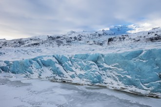 Glacier break in the Fjallsarlon glacier lagoon, drone image, Sudurland, Iceland, Europe