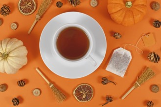 Cup of tea surrounded by seasonal fall decoration like pumpkins and orange slices on orange
