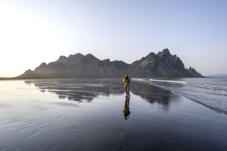 Tourist at black lava beach, sandy beach and sea, mountains Klifatindur reflected in the water,