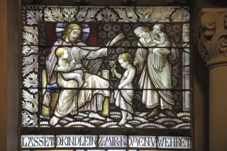 Church window with Christ and children in the Church of the Redeemer, arts and crafts, stained