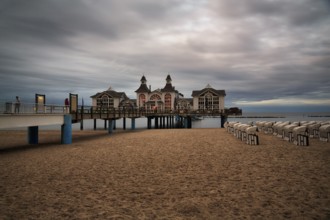 Pedestrians on the Sellin pier at dusk, long exposure, Baltic resort Sellin, Rügen Island,