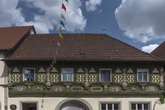 The historic Jörg Hofmann House built in the Renaissance style in 1689, decorative carvings on the