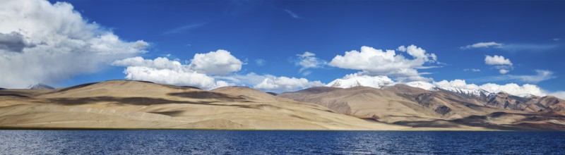 Panorama of Himalayan lake Tso Moriri (official name) (Tsomoriri Wetland Conservation Reserve) in
