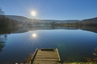 Lake with jetty at sunrise, Freudenberg am Main, Untermain, Spessart, Odenwald, Franconia,