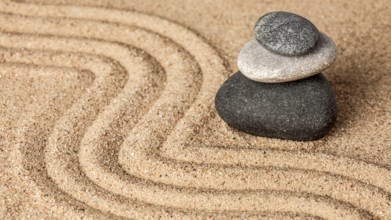 Japanese Zen stone garden, relaxation, meditation, simplicity and balance concept, panorama of