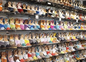 Traditional abarcas in a shop, Fornells, Es Mercadal, Menorca, Balearic Islands, Spain, Europe