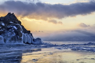 Sunset on ice, Lake Baikal, Olkhon Island, Pribaikalsky National Park, Irkutsk Province, Siberia,