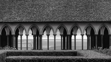 Cloister, Mont Saint Michel, monochrome, Normandy, France, Europe