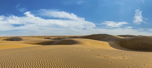 Panorama of dunes landscape with dramatic clouds in Thar Desert. Sam Sand dunes, Rajasthan, India,