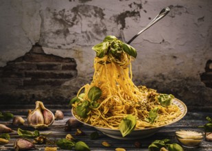 Food photography, spaghetti with basil (Ocimum basilicum) pesto, floating fork