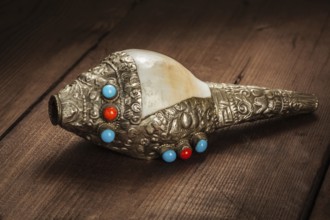Tibetan Buddhist Conch Shell Horn Dung-Dkar on wooden background