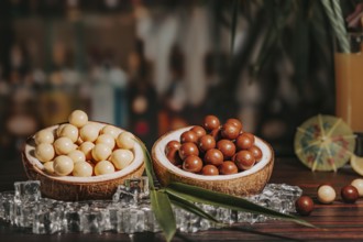 Rum balls, coconut, chocolate, in coconut, on ice cream