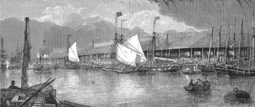 The fish market in the fishing harbour of Yarmouth in 1868, England, Historic, digitally restored