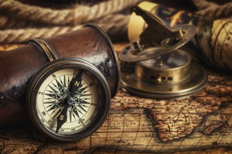 Travel geography navigation concept background, old vintage retro compass with sundial, spyglass